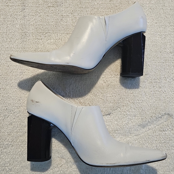 Zara Block Heel Pumps Size 9 White Brown Pointy Contemporary Avant Garde Chunky - Picture 3 of 10